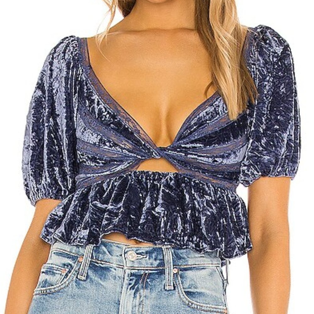 Free People Yours Truly Velvet Cropped Peplum Top Wild Moon Blue NWT